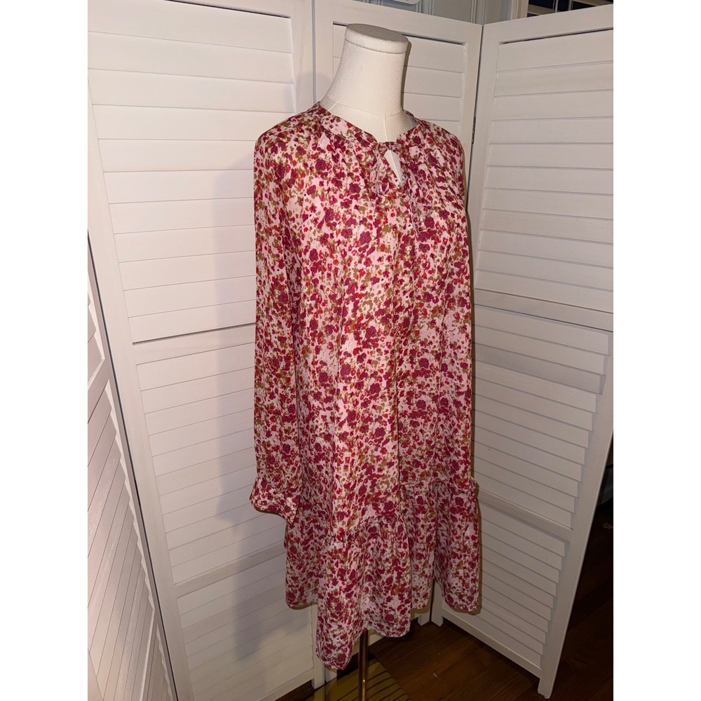 J. Crew Pink Floral Print Long Sleeve Tie Neck Tiered Dress Women's Size M - Picture 3 of 8